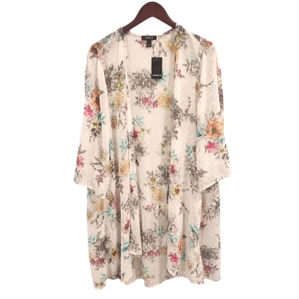 Torrid Women's White Floral Swiss Dot Hi-Low Kimono Size 1/2 - Picture 3 of 10